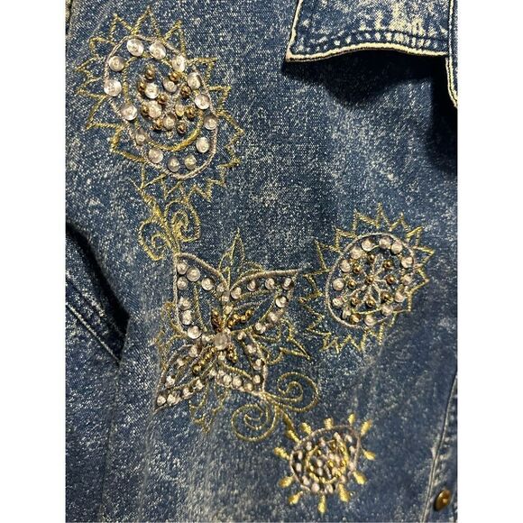 VINTAGE 80S Club Kraze Top DEINM STYLE Acid Wash Bejeweled Button Up Denim Shirt - Picture 5 of 10